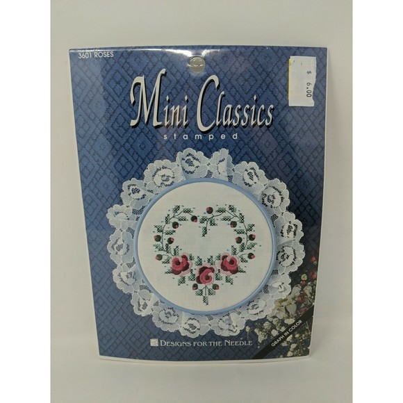 Mini Classics Stamped Cross Stitch Kit Pattern 3601 Rose Floral Heart Lace NEW - Picture 1 of 6